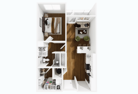 A white interior with a brown wood panel.